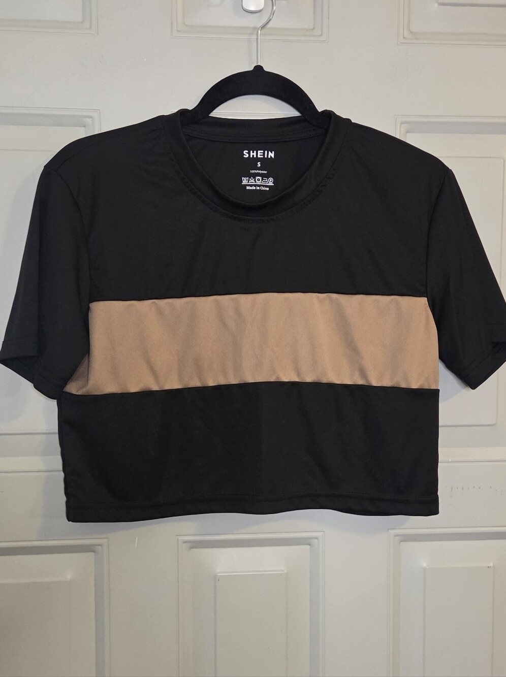 Black Crop Tee with Tan Center Stripe